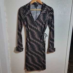 y2k My Michelle Wrap Dress Geometric Print sz S Black Pink Office Retro Disco